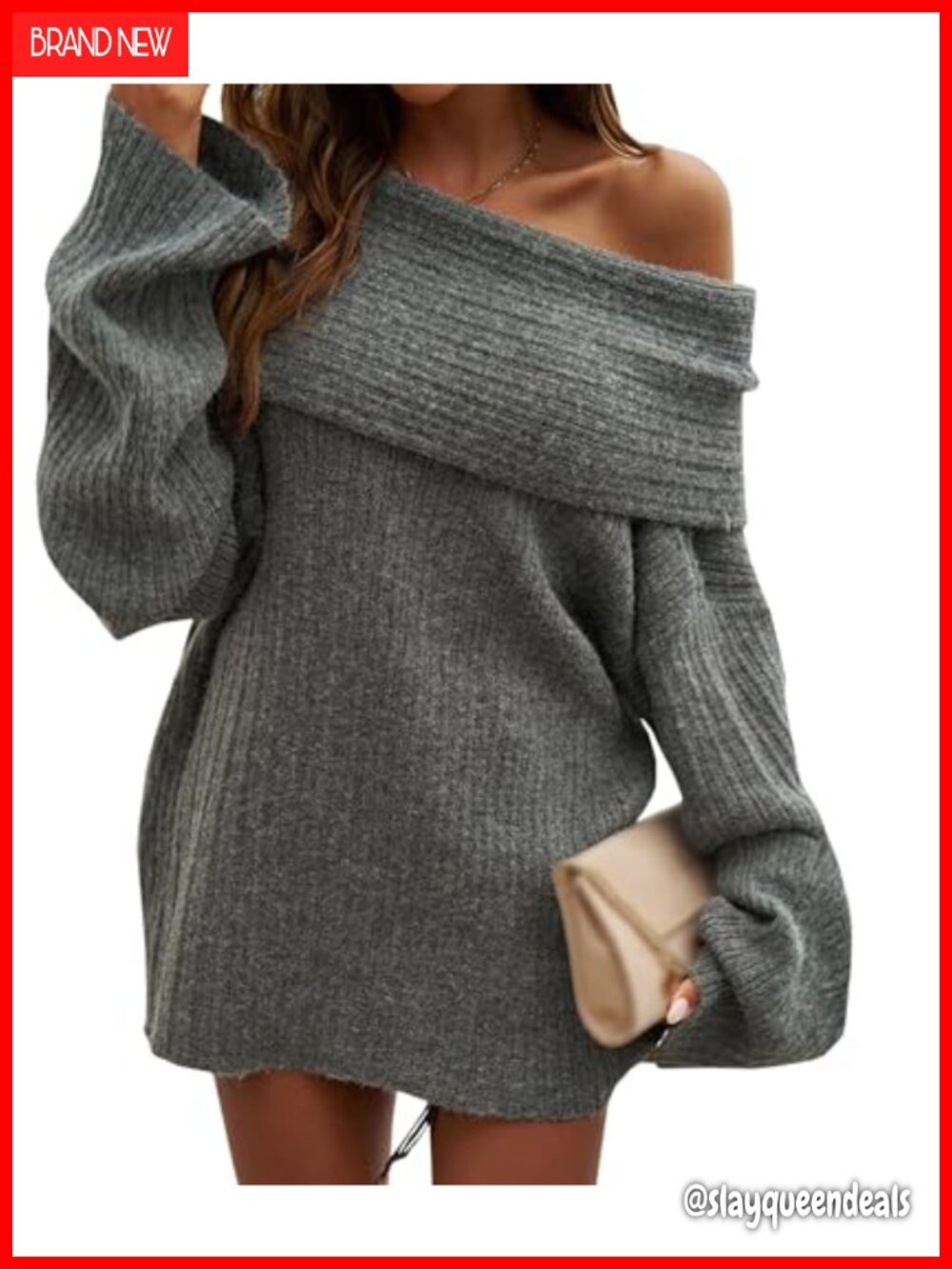 Off The Shoulder Oversized Knitted Long Sleeve Slouchy Pullover Sweater Top